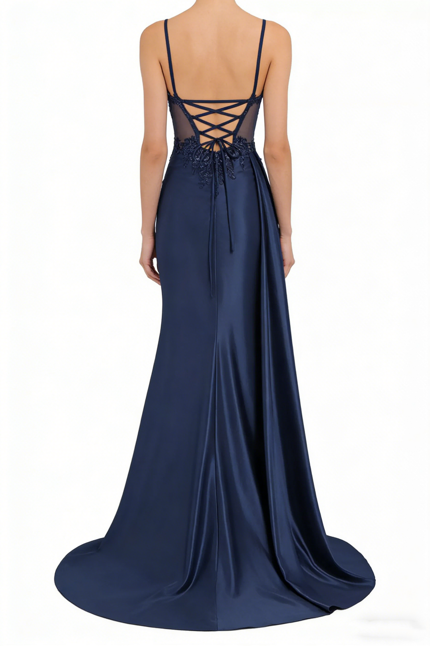 Spaghetti Strap Satin Prom Dresses Long Mermaid Lace Formal Gowns Corset Evening Party Dresses with Slit AB683