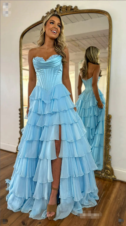 A line Dark Navy Strapless Pleated Prom Dresses With Ruffle Evening Dress AB687