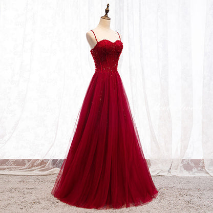 Straps Dark Red Beaded Sweetheart Long Formal Dress, Junior Prom Dress AB703