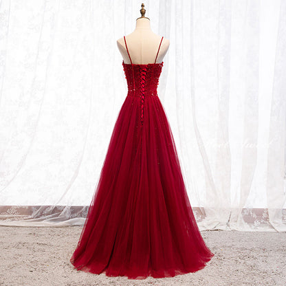 Straps Dark Red Beaded Sweetheart Long Formal Dress, Junior Prom Dress AB703