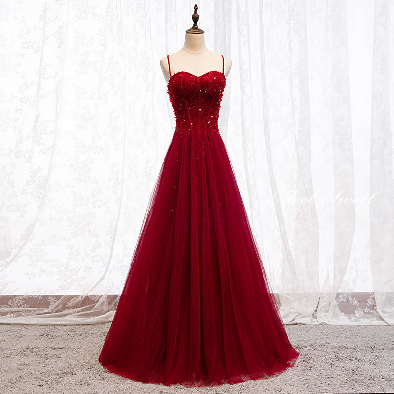 Straps Dark Red Beaded Sweetheart Long Formal Dress, Junior Prom Dress AB703