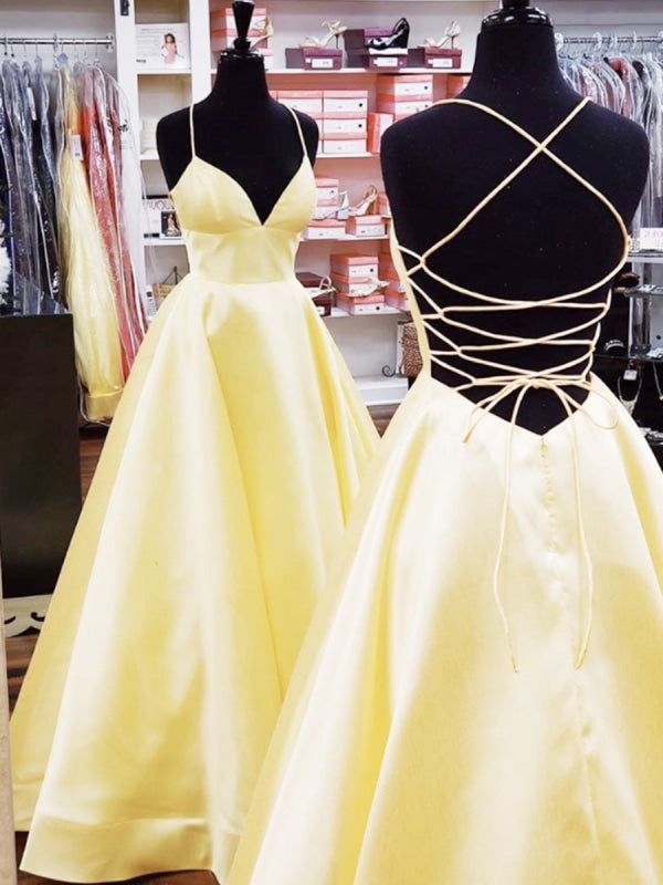 Unique A line Spaghetti Straps Pale Yellow Satin Long Prom Dresses Formal Gown Inspo Evening Outfit AB737