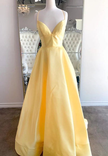 Unique A line Spaghetti Straps Pale Yellow Satin Long Prom Dresses Formal Gown Inspo Evening Outfit AB737