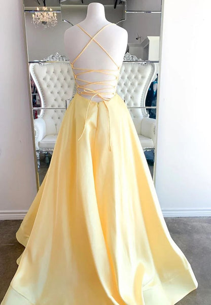 Unique A line Spaghetti Straps Pale Yellow Satin Long Prom Dresses Formal Gown Inspo Evening Outfit AB737