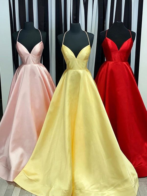 Unique A line Spaghetti Straps Pale Yellow Satin Long Prom Dresses Formal Gown Inspo Evening Outfit AB737