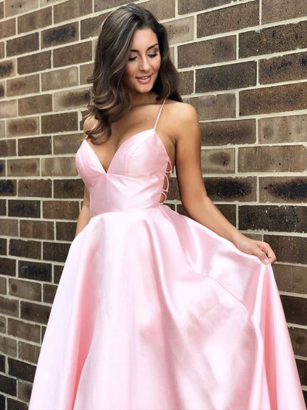 Unique A line Spaghetti Straps Pale Yellow Satin Long Prom Dresses Formal Gown Inspo Evening Outfit AB737