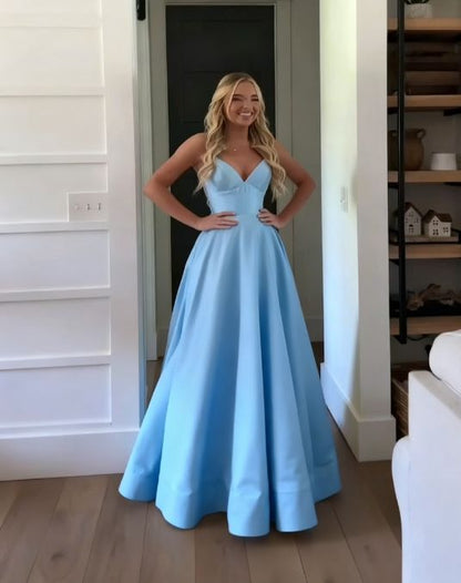 Unique A line Spaghetti Straps Pale Yellow Satin Long Prom Dresses Formal Gown Inspo Evening Outfit AB737