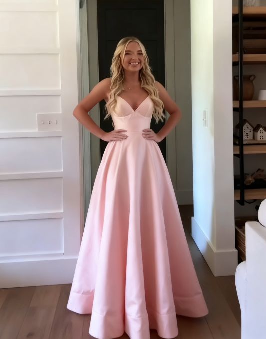 Unique A line Spaghetti Straps Pale Yellow Satin Long Prom Dresses Formal Gown Inspo Evening Outfit AB737