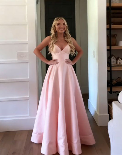Unique A line Spaghetti Straps Pale Yellow Satin Long Prom Dresses Formal Gown Inspo Evening Outfit AB737