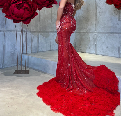 Classy Elegant Mermaid Strapless Marine Ball Dresses Long Dinner Formal Gowns Hot Pink Sequin With Leg Slit Prom Dresses Evening Outfit AB762