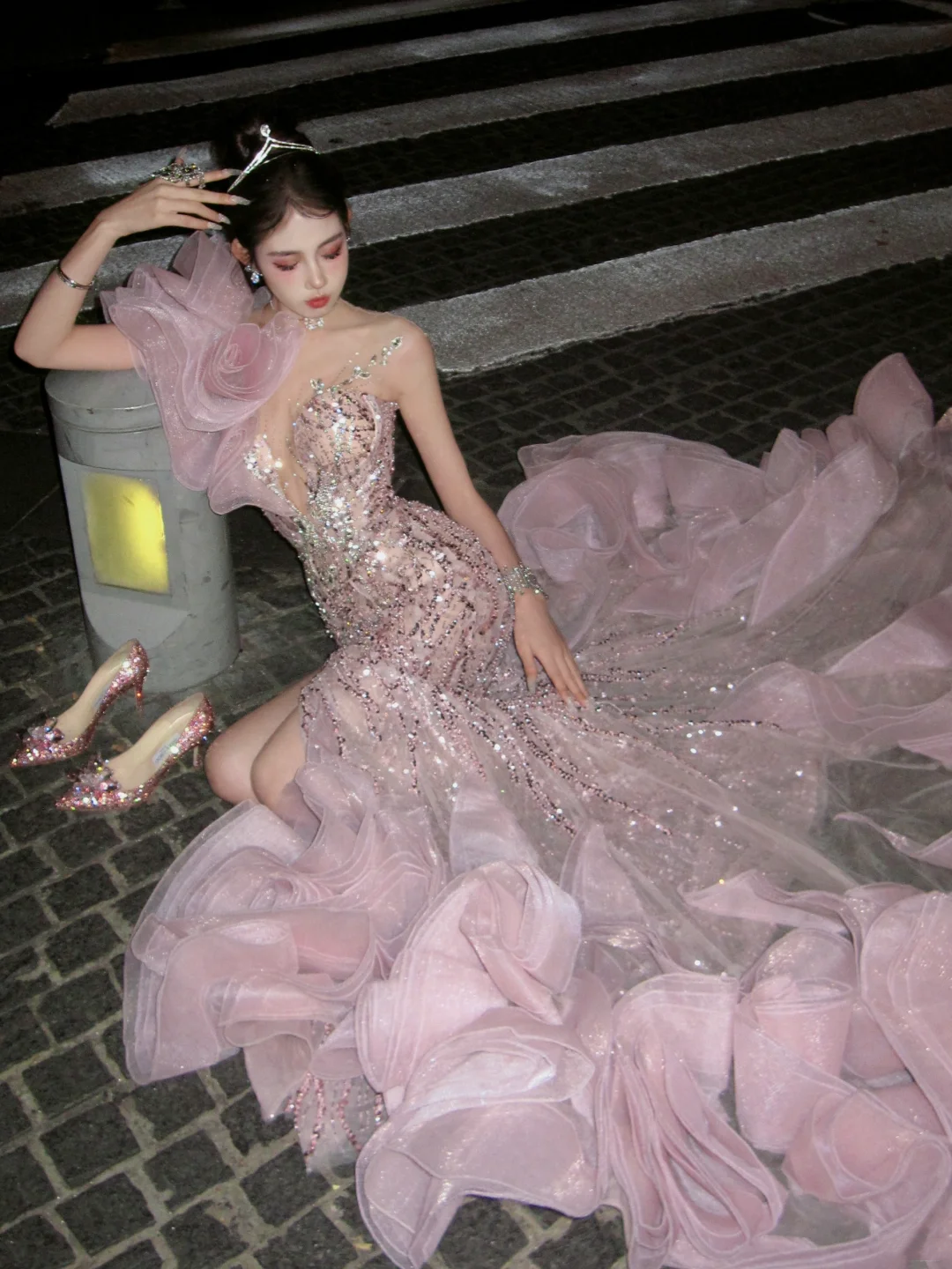 New Mermaid One Shoulder Pink Layered Prom Dress Aesthetic Long Graduation Evening Outfits N078