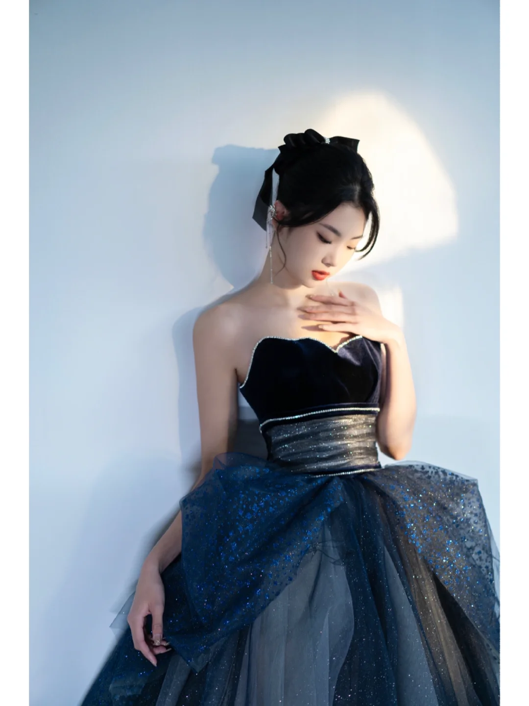 Unique Ball Gown Strapless Navy Blue Tulle With Pleated Long Quinceanera Dresses Sweet 15 16 Birthday Gown AB846