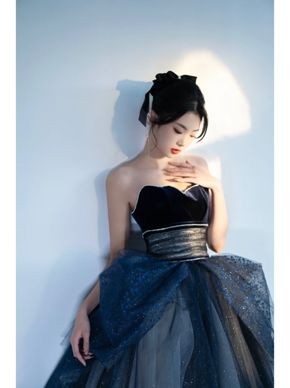 Unique Ball Gown Strapless Navy Blue Tulle With Pleated Long Quinceanera Dresses Sweet 15 16 Birthday Gown AB846