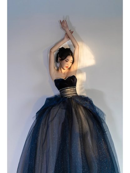 Unique Ball Gown Strapless Navy Blue Tulle With Pleated Long Quinceanera Dresses Sweet 15 16 Birthday Gown AB846