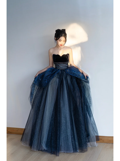 Unique Ball Gown Strapless Navy Blue Tulle With Pleated Long Quinceanera Dresses Sweet 15 16 Birthday Gown AB846