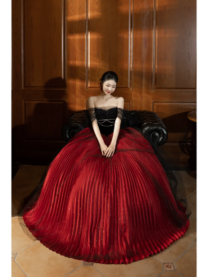 Unique Ball Gown Off The Shoulder Red Black Tulle With Pleated Long Quinceanera Dresses Sweet 15 16 Birthday Gown AB847