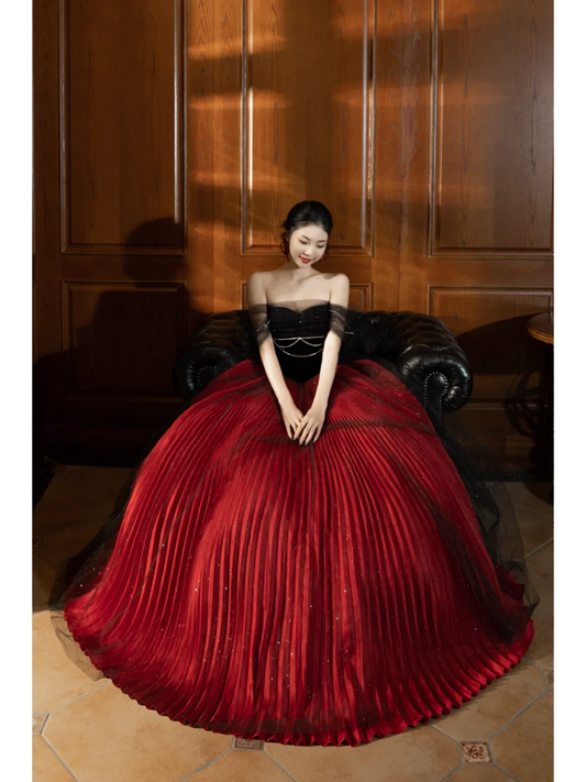 Unique Ball Gown Off The Shoulder Red Black Tulle With Pleated Long Quinceanera Dresses Sweet 15 16 Birthday Gown AB847
