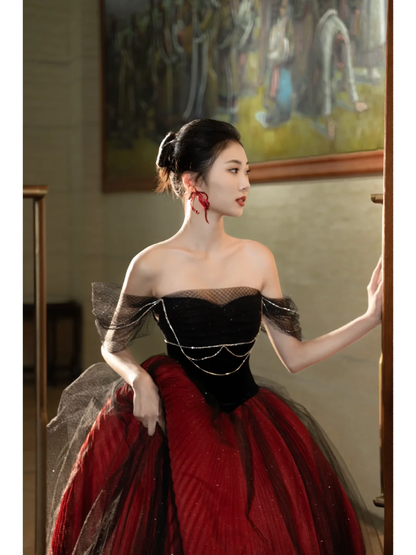 Unique Ball Gown Off The Shoulder Red Black Tulle With Pleated Long Quinceanera Dresses Sweet 15 16 Birthday Gown AB847
