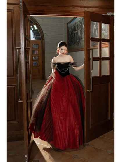 Unique Ball Gown Off The Shoulder Red Black Tulle With Pleated Long Quinceanera Dresses Sweet 15 16 Birthday Gown AB847