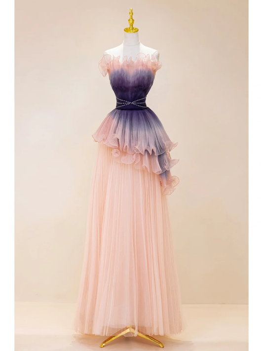 Cute A Line Strapless Tulle Pink Ombra Grape Long Prom Dresses Impress 19th Birthday Outfits Prom Gown A849