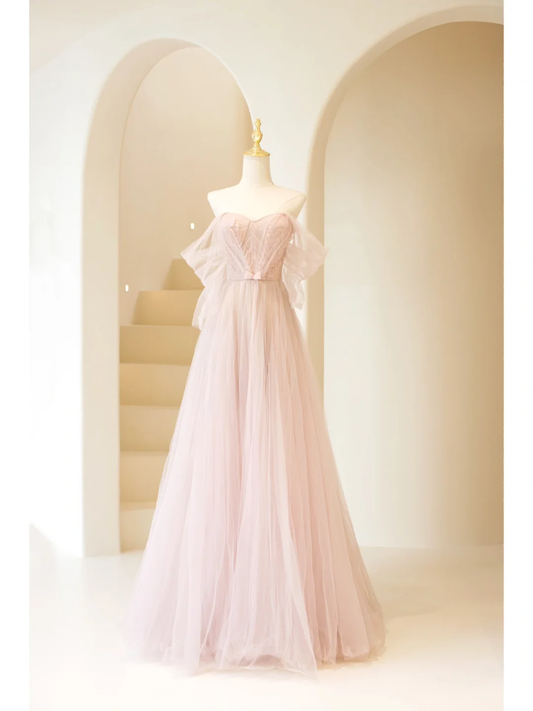 Cute A Line Off The Shoulder Blush Pink Tulle Long Prom Dresses Impress 18th Birthday Outfits Prom Gown AAB849