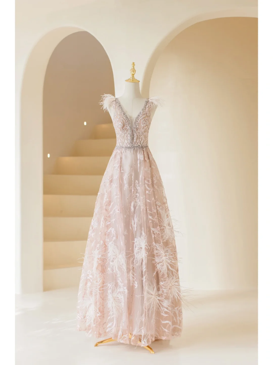Cute A Line V Neck Pink Tulle Lace Long Prom Dresses Impress 18th Birthday Outfits Prom Gown A863