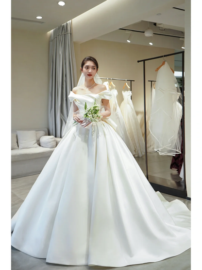 Princess Women's Wedding Dress for Bride Satin Brides Dress Ball Gown Off The Shoulder Wedding Gowns AB891