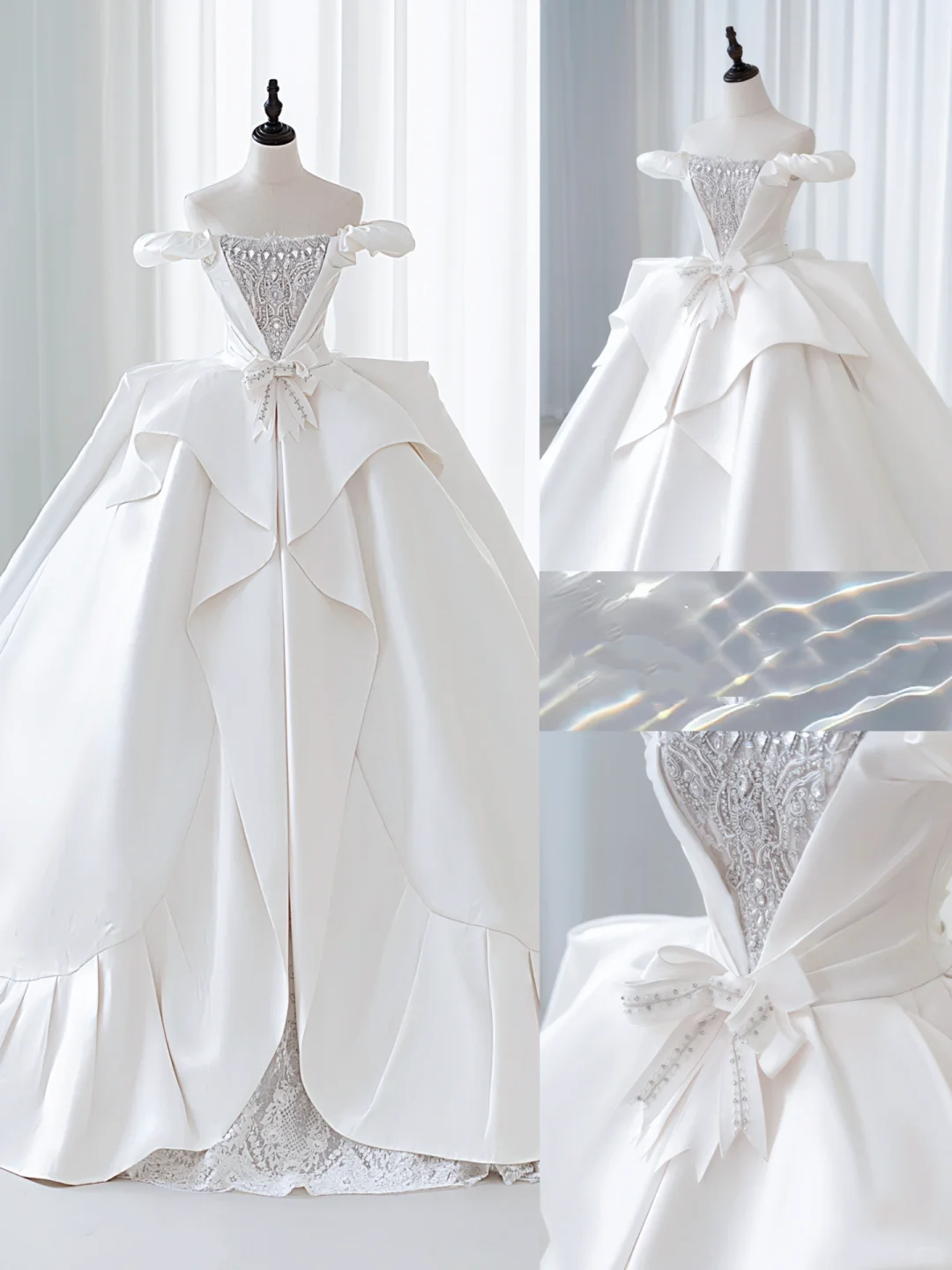 Simple Ball Gown Off The Shoulder Satin Lace White Fit And Flare Long Floor Length Pleats Wedding Dress AB1010