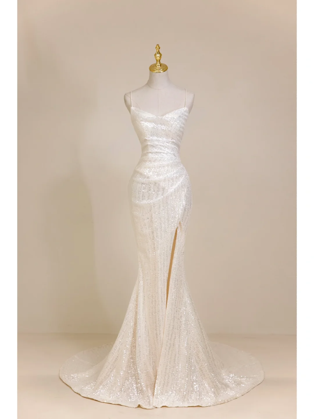Timeless Mermaid Spaghetti Straps White Sequin Long Bride Dress Summer Simple Classy Wedding Dresses AB851