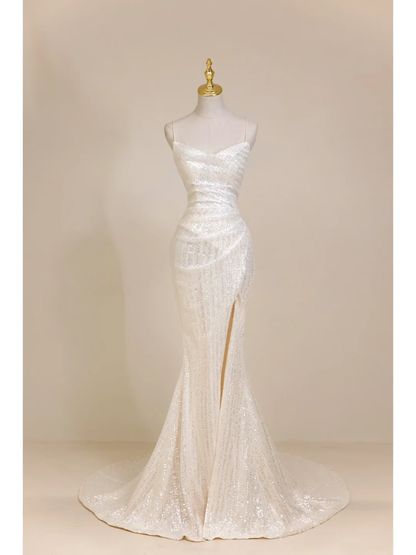 Timeless Mermaid Spaghetti Straps White Sequin Long Bride Dress Summer Simple Classy Wedding Dresses AB851