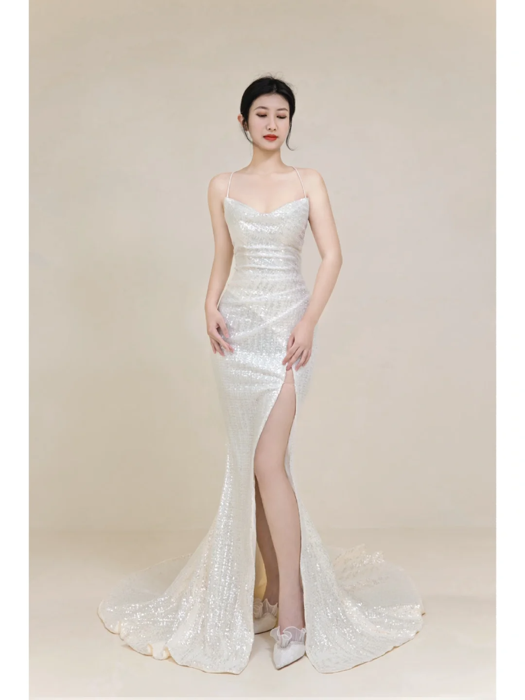 Timeless Mermaid Spaghetti Straps White Sequin Long Bride Dress Summer Simple Classy Wedding Dresses AB851