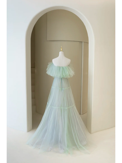 Cute Ball Gown Off The Shoulder Mint Green Tulle Long Prom Dresses Impress 18th Birthday Outfits Prom Gown AB858
