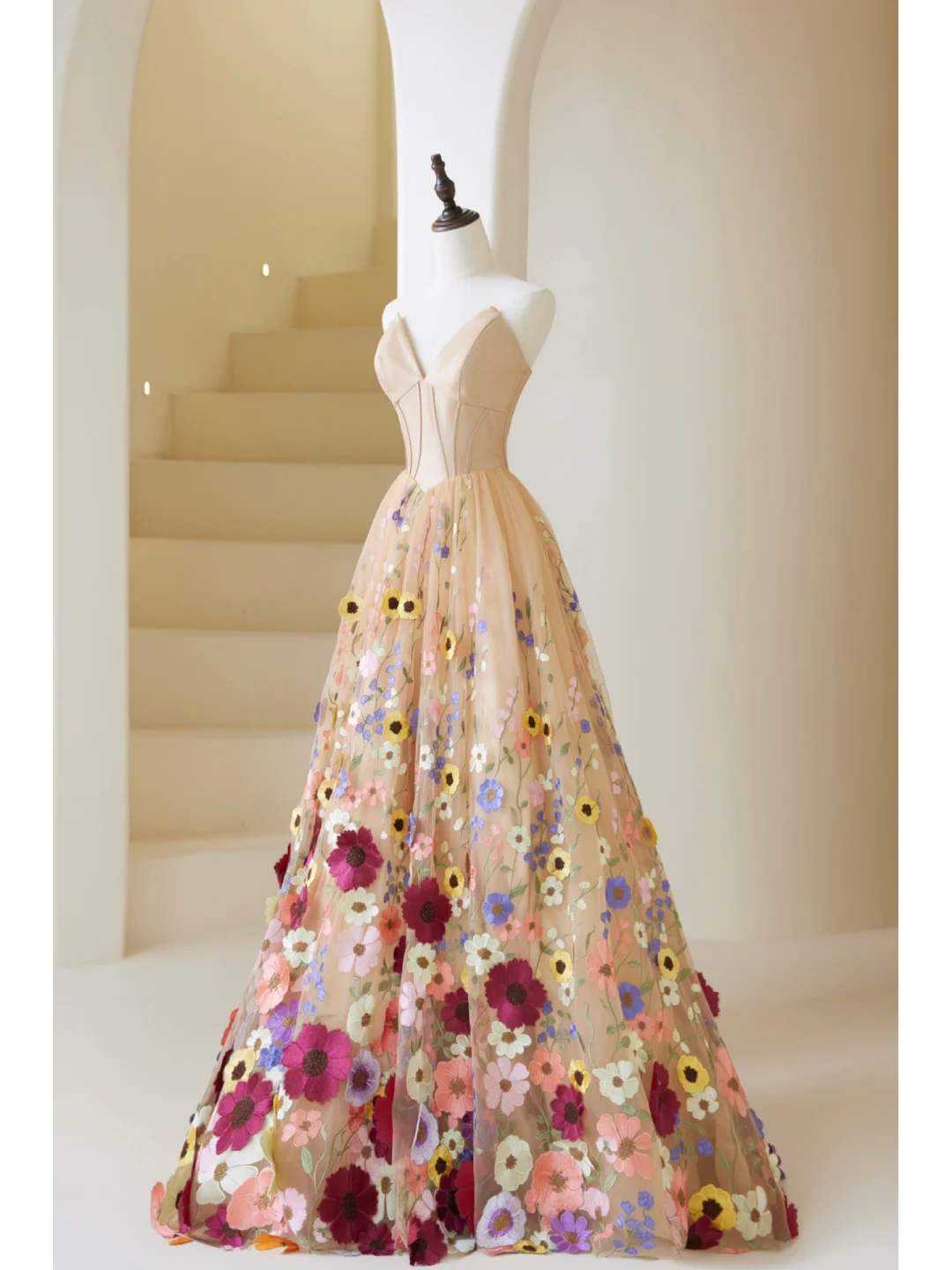 Cute Ball Gown Sweetheart Floral Tulle Champagne Long Prom Dresses Imp – RubyFashionDress