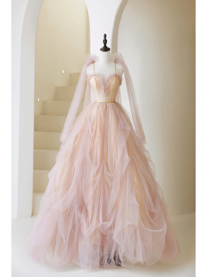 Cute Ball Gown Spaghetti Strap Light Pink Tulle Pleated Long Prom Dresses For Teens Formal Dress Formal Dress Prom Gown AB852