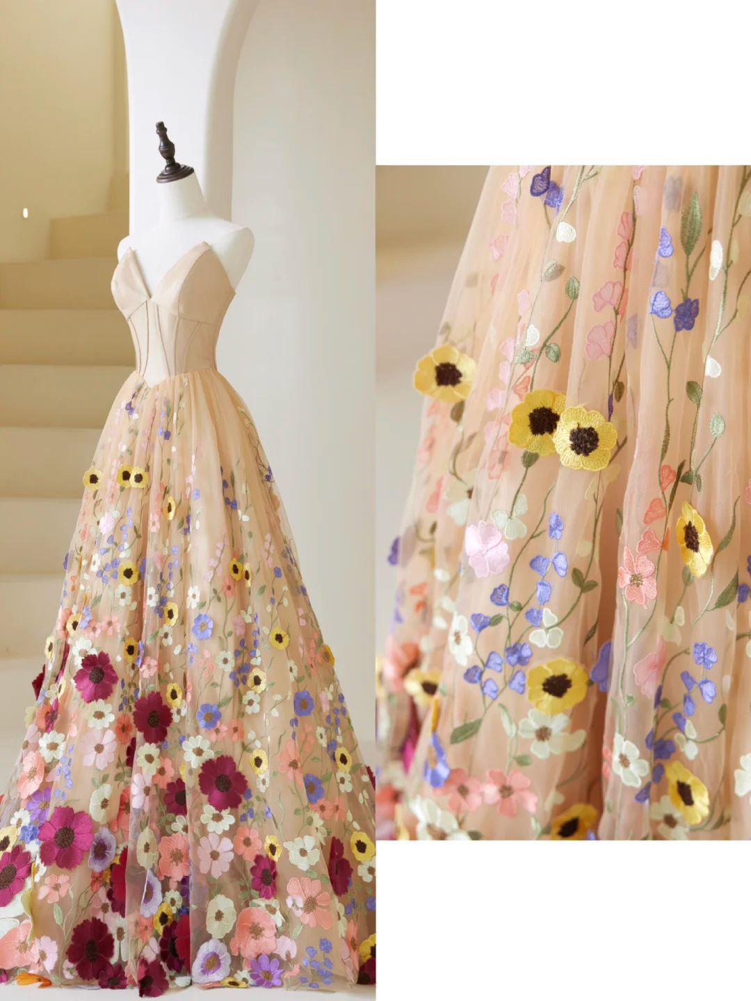 Cute Ball Gown Sweetheart Floral Tulle Champagne Long Prom Dresses Impress 19th Birthday Outfits Prom Gown AB859