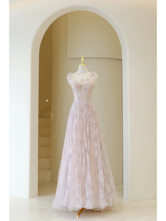 Elegant Ball Gown Lace Pink Tulle Prom Dress Charming Evening Party Gowns Fashion Wedding Guest Dress AB1017