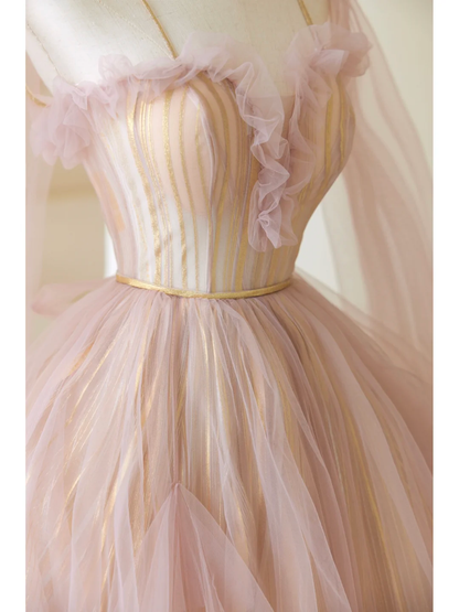 Cute Ball Gown Spaghetti Strap Light Pink Tulle Pleated Long Prom Dresses For Teens Formal Dress Formal Dress Prom Gown AB852