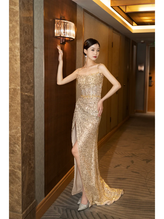 Sexy Mermaid Spaghetti Strap Gold Sequin Slit Pleated Long Prom Dresses For Teens Formal Dress Formal Dress Prom Gown AB861