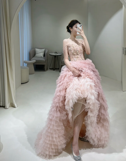 Unique Ball Gown Off The Shoulder Pink Tulle With Layered Long Prom Quinceanera Dresses Sweet 15 16 Birthday Gown AB862