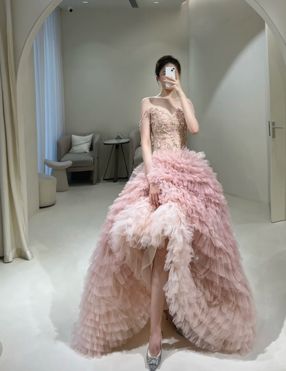 Unique Ball Gown Off The Shoulder Pink Tulle With Layered Long Prom Quinceanera Dresses Sweet 15 16 Birthday Gown AB862
