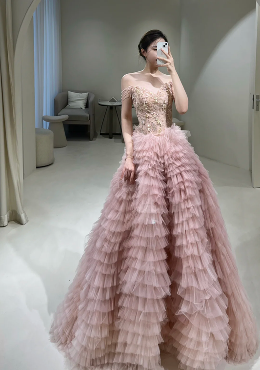 Unique Ball Gown Off The Shoulder Pink Tulle With Layered Long Prom Quinceanera Dresses Sweet 15 16 Birthday Gown AB862
