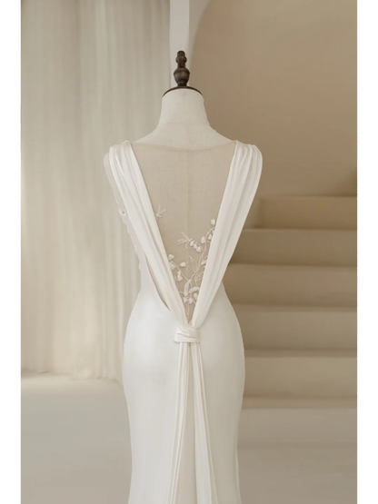 Timeless Mermaid V Neck White Satin Long Bride Dress Summer Simple Classy Wedding Dresses AB874