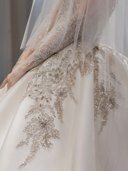 Timeless Women's Wedding Dress With Gloves for Bride Lace Applique Evening Dress Sweetheart Ball Gowns AB875