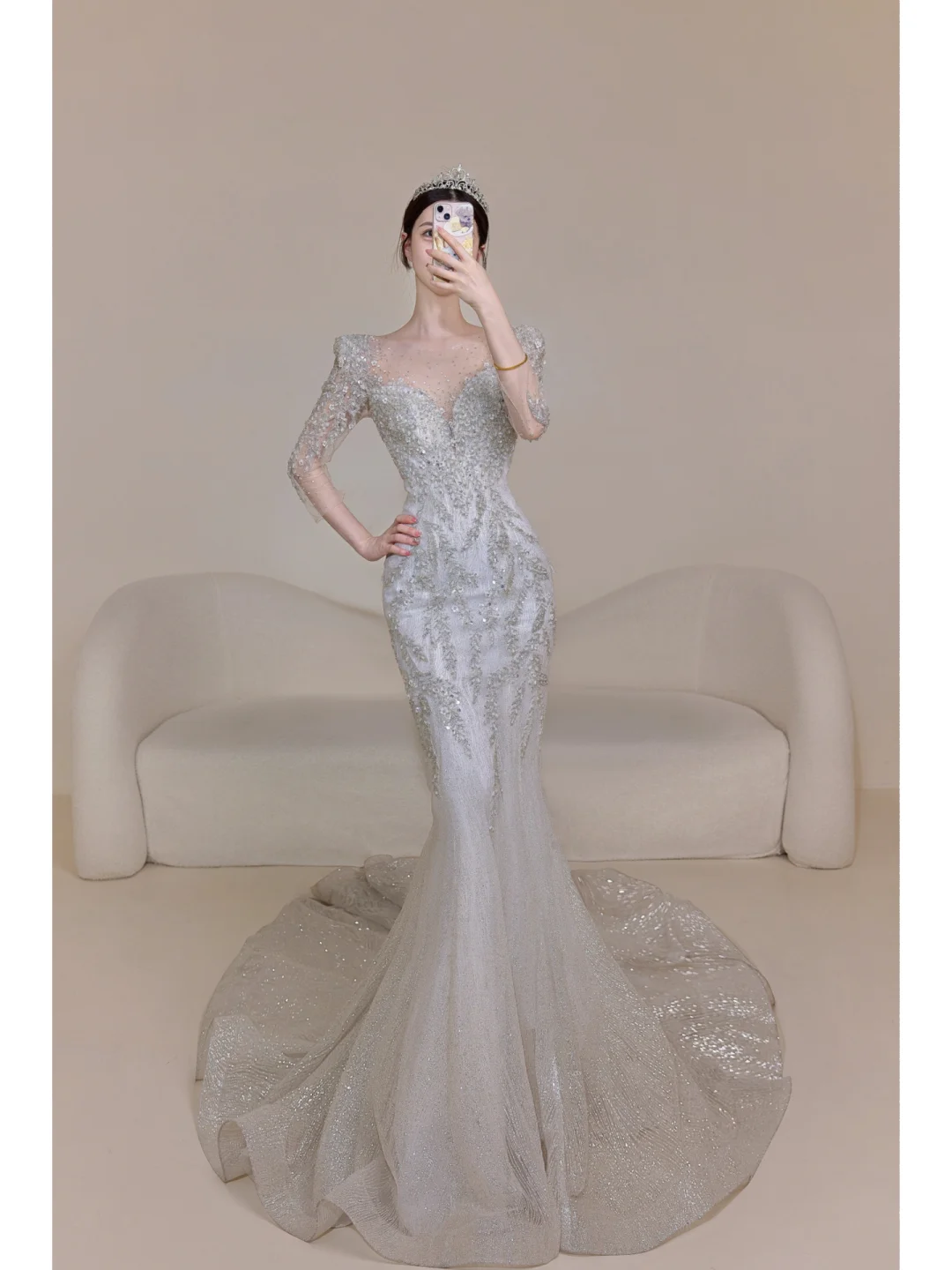 Timeless Women's Silver Wedding Dress With 3/4 Sleeves Beads for Bride Bride Dress V Neck Mermaid AB878
