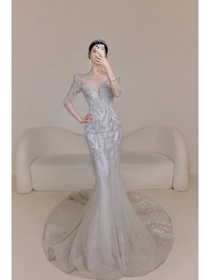 Timeless Women's Silver Wedding Dress With 3/4 Sleeves Beads for Bride Bride Dress V Neck Mermaid AB878