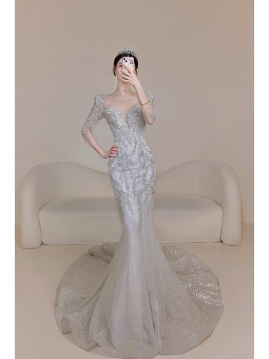 Timeless Women's Silver Wedding Dress With 3/4 Sleeves Beads for Bride Bride Dress V Neck Mermaid AB878