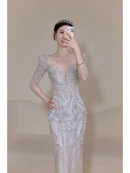 Timeless Women's Silver Wedding Dress With 3/4 Sleeves Beads for Bride Bride Dress V Neck Mermaid AB878
