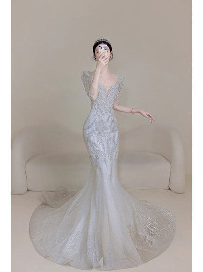 Timeless Women's Silver Wedding Dress With 3/4 Sleeves Beads for Bride Bride Dress V Neck Mermaid AB878