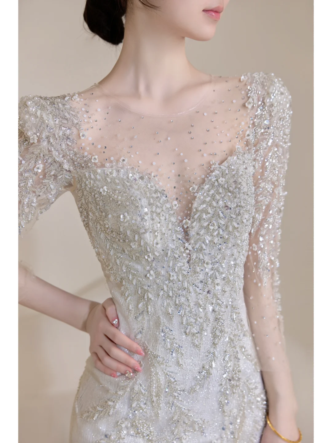 Timeless Women's Silver Wedding Dress With 3/4 Sleeves Beads for Bride Bride Dress V Neck Mermaid AB878