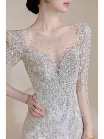 Timeless Women's Silver Wedding Dress With 3/4 Sleeves Beads for Bride Bride Dress V Neck Mermaid AB878